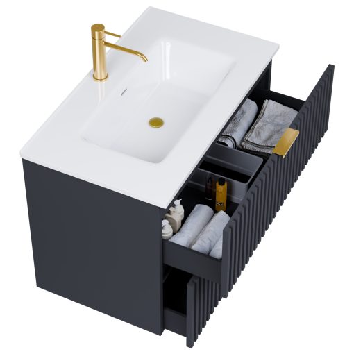 HD Ravello Matt Antracit 60 fali mosdószekrény szálcsiszolt arany fogantyúkkal és fényes fehér slim mosdóval