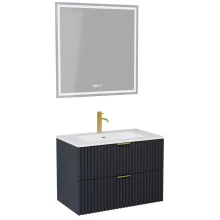 HD Ravello Matt Antracit 60 komplett fürdőszoba bútor fali mosdószekrénnyel, szálcsiszolt arany fogantyúkkal, fényes fehér slim mosdóval és tükörrel