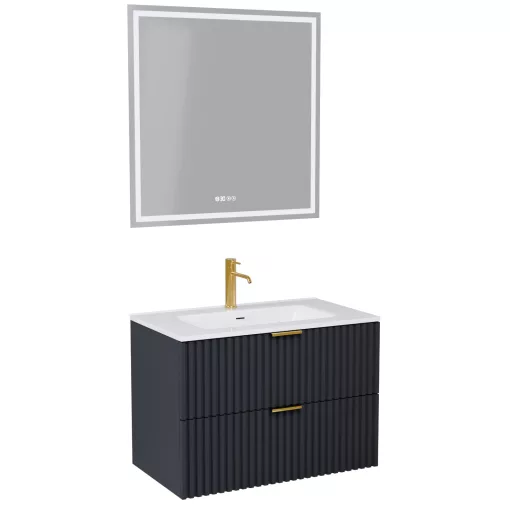 HD Ravello Matt Antracit 60 komplett fürdőszoba bútor fali mosdószekrénnyel, szálcsiszolt arany fogantyúkkal, fényes fehér slim mosdóval és tükörrel