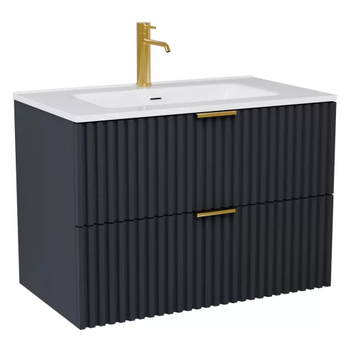 HD Ravello Matt Antracit 60 komplett fürdőszoba bútor fali mosdószekrénnyel, szálcsiszolt arany fogantyúkkal, fényes fehér slim mosdóval és tükörrel