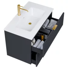 HD Ravello Matt Antracit 60 komplett fürdőszoba bútor fali mosdószekrénnyel, szálcsiszolt arany fogantyúkkal, fényes fehér slim mosdóval és tükörrel