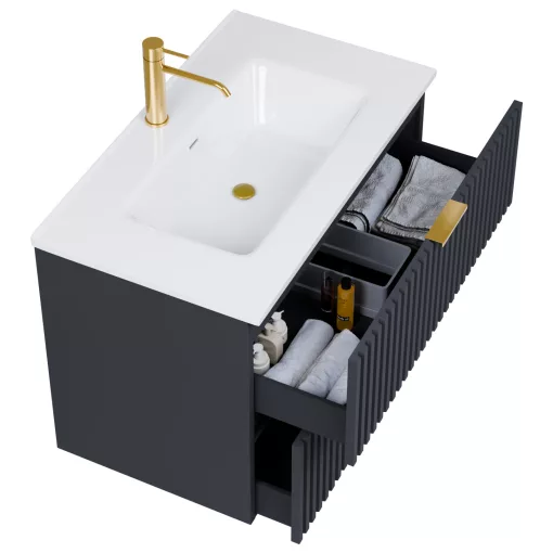 HD Ravello Matt Antracit 60 komplett fürdőszoba bútor fali mosdószekrénnyel, szálcsiszolt arany fogantyúkkal, fényes fehér slim mosdóval és tükörrel