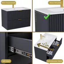 HD Ravello Matt Antracit 60 komplett fürdőszoba bútor fali mosdószekrénnyel, szálcsiszolt arany fogantyúkkal, fényes fehér slim mosdóval és tükörrel