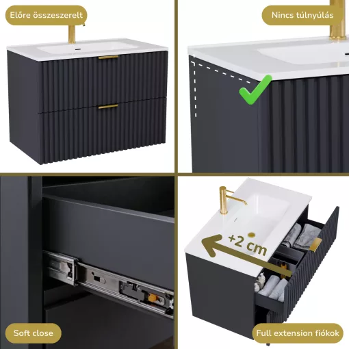 HD Ravello Matt Antracit 60 komplett fürdőszoba bútor fali mosdószekrénnyel, szálcsiszolt arany fogantyúkkal, fényes fehér slim mosdóval és tükörrel
