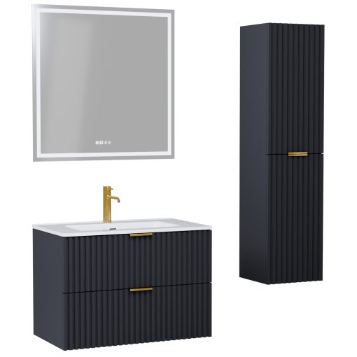 HD Ravello Matt Antracit 60 komplett fürdőszoba bútor szett fali mosdószekrénnyel, szálcsiszolt arany fogantyúkkal, fényes fehér slim mosdóval, tükörrel és magasszekrénnyel