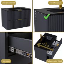 HD Ravello Matt Antracit 60 fali mosdószekrény szálcsiszolt arany fogantyúkkal és matt fekete slim mosdóval