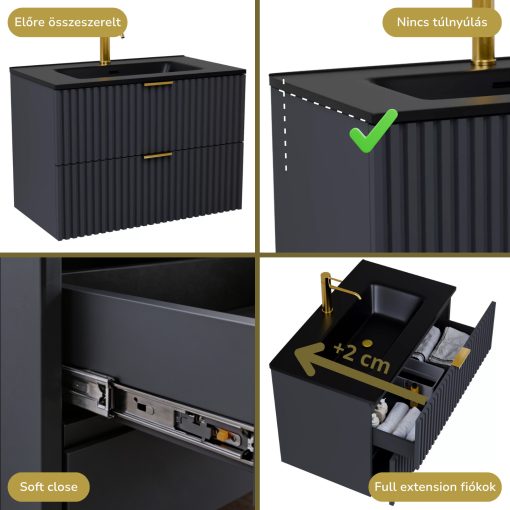 HD Ravello Matt Antracit 60 fali mosdószekrény szálcsiszolt arany fogantyúkkal és matt fekete slim mosdóval