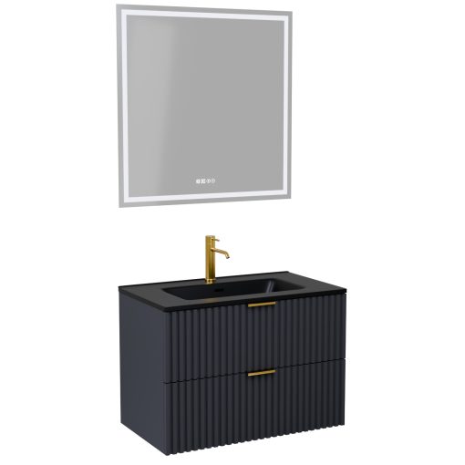 HD Ravello Matt Antracit 60 komplett fürdőszoba bútor fali mosdószekrénnyel, szálcsiszolt arany fogantyúkkal, matt fekete slim mosdóval és tükörrel