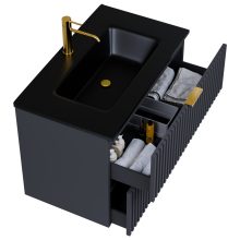 HD Ravello Matt Antracit 60 komplett fürdőszoba bútor fali mosdószekrénnyel, szálcsiszolt arany fogantyúkkal, matt fekete slim mosdóval és tükörrel