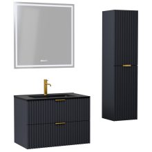 HD Ravello Matt Antracit 60 komplett fürdőszoba bútor szett fali mosdószekrénnyel, szálcsiszolt arany fogantyúkkal, matt fekete slim mosdóval, tükörrel és magasszekrénnyel
