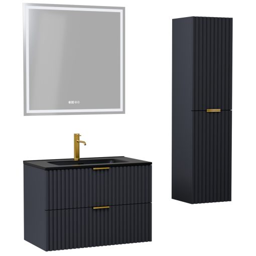 HD Ravello Matt Antracit 60 komplett fürdőszoba bútor szett fali mosdószekrénnyel, szálcsiszolt arany fogantyúkkal, matt fekete slim mosdóval, tükörrel és magasszekrénnyel