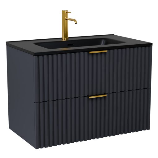 HD Ravello Matt Antracit 60 komplett fürdőszoba bútor szett fali mosdószekrénnyel, szálcsiszolt arany fogantyúkkal, matt fekete slim mosdóval, tükörrel és magasszekrénnyel