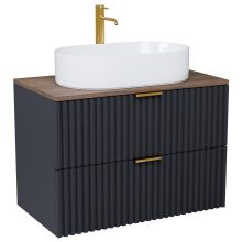 HD Rapallo Matt Antracit 60 fali mosdószekrény tölgyfa színű mosdópulttal és szálcsiszolt arany fogantyúkkal