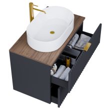 HD Rapallo Matt Antracit 60 fali mosdószekrény tölgyfa színű mosdópulttal és szálcsiszolt arany fogantyúkkal