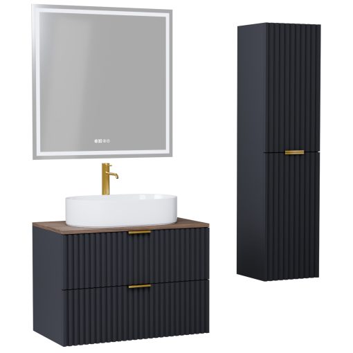 HD Rapallo Matt Antracit 60 komplett fürdőszoba bútor szett fali mosdószekrénnyel, szálcsiszolt arany fogantyúval, tölgyfa színű mosdópulttal, tükörrel és magasszekrénnyel