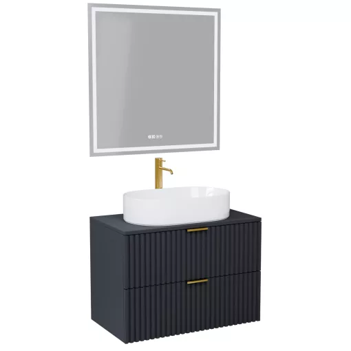 HD Rapallo Matt Antracit 60 komplett fürdőszoba bútor fali mosdószekrénnyel, szálcsiszolt arany fogantyúkkal, antracit mosdópulttal és tükörrel