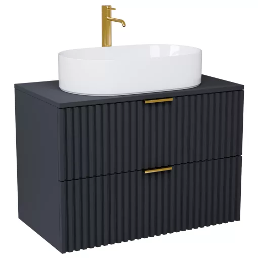 HD Rapallo Matt Antracit 60 komplett fürdőszoba bútor fali mosdószekrénnyel, szálcsiszolt arany fogantyúkkal, antracit mosdópulttal és tükörrel