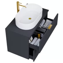 HD Rapallo Matt Antracit 60 komplett fürdőszoba bútor fali mosdószekrénnyel, szálcsiszolt arany fogantyúkkal, antracit mosdópulttal és tükörrel