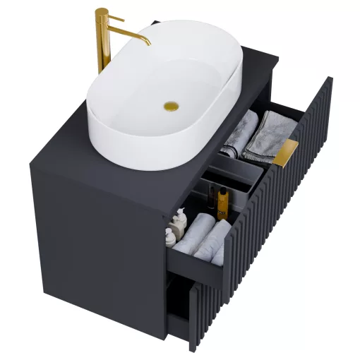 HD Rapallo Matt Antracit 60 komplett fürdőszoba bútor fali mosdószekrénnyel, szálcsiszolt arany fogantyúkkal, antracit mosdópulttal és tükörrel