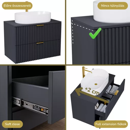 HD Rapallo Matt Antracit 60 komplett fürdőszoba bútor fali mosdószekrénnyel, szálcsiszolt arany fogantyúkkal, antracit mosdópulttal és tükörrel