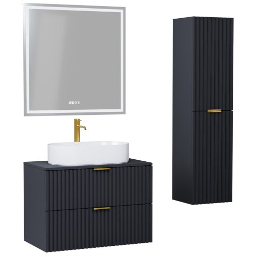 HD Rapallo Matt Antracit 60 komplett fürdőszoba bútor szett fali mosdószekrénnyel, szálcsiszolt arany fogantyúval, antracit mosdópulttal, tükörrel és magasszekrénnyel