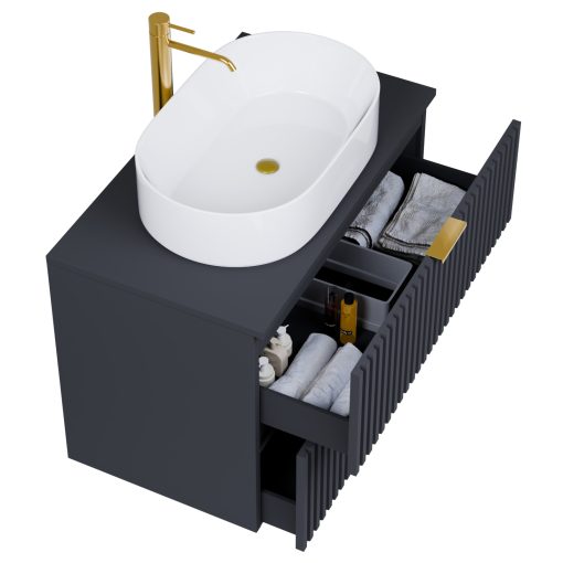 HD Rapallo Matt Antracit 60 komplett fürdőszoba bútor szett fali mosdószekrénnyel, szálcsiszolt arany fogantyúval, antracit mosdópulttal, tükörrel és magasszekrénnyel