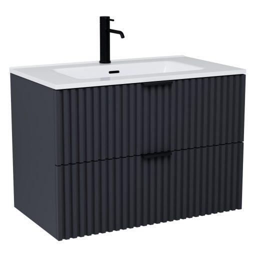 HD Ravello Matt Antracit 60 fali mosdószekrény matt fekete fogantyúkkal és fényes fehér slim mosdóval