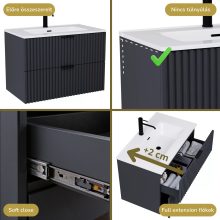 HD Ravello Matt Antracit 60 komplett fürdőszoba bútor fali mosdószekrénnyel, matt fekete fogantyúkkal, fényes fehér slim mosdóval és tükörrel