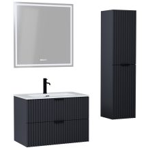 HD Ravello Matt Antracit 60 komplett fürdőszoba bútor szett fali mosdószekrénnyel, matt fekete fogantyúkkal, fényes fehér slim mosdóval, tükörrel és magasszekrénnyel