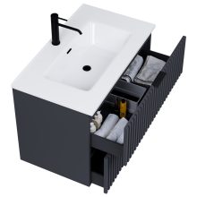 HD Ravello Matt Antracit 60 komplett fürdőszoba bútor szett fali mosdószekrénnyel, matt fekete fogantyúkkal, fényes fehér slim mosdóval, tükörrel és magasszekrénnyel