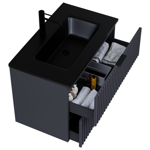 HD Ravello Matt Antracit 60 komplett fürdőszoba bútor fali mosdószekrénnyel, matt fekete fogantyúkkal, matt fekete slim mosdóval és tükörrel