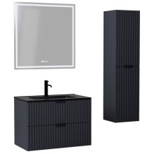 HD Ravello Matt Antracit 60 komplett fürdőszoba bútor szett fali mosdószekrénnyel, matt fekete fogantyúkkal, matt fekete slim mosdóval, tükörrel és magasszekrénnyel