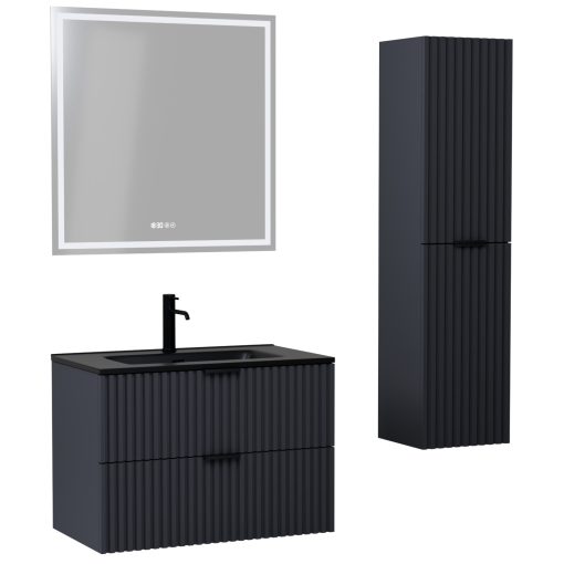 HD Ravello Matt Antracit 60 komplett fürdőszoba bútor szett fali mosdószekrénnyel, matt fekete fogantyúkkal, matt fekete slim mosdóval, tükörrel és magasszekrénnyel