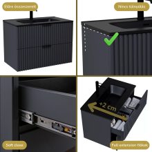 HD Ravello Matt Antracit 60 komplett fürdőszoba bútor szett fali mosdószekrénnyel, matt fekete fogantyúkkal, matt fekete slim mosdóval, tükörrel és magasszekrénnyel