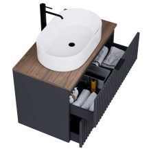 HD Rapallo Matt Antracit 60 fali mosdószekrény tölgyfa színű mosdópulttal és matt fekete fogantyúkkal