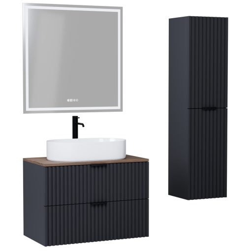 HD Rapallo Matt Antracit 60 komplett fürdőszoba bútor szett fali mosdószekrénnyel, matt fekete fogantyúval, tölgyfa színű mosdópulttal, tükörrel és magasszekrénnyel