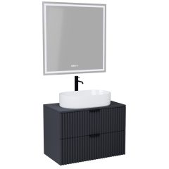   HD Rapallo Matt Antracit 60/80 komplett fürdőszoba bútor fali mosdószekrénnyel, matt fekete fogantyúkkal, antracit mosdópulttal és tükörrel