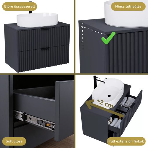 HD Rapallo Matt Antracit 60/80 komplett fürdőszoba bútor szett fali mosdószekrénnyel, matt fekete fogantyúval, antracit mosdópulttal, tükörrel és magasszekrénnyel