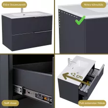 HD Cremona Matt Antracit 60 fali mosdószekrény fényes króm fogantyúkkal és fényes fehér slim mosdóval