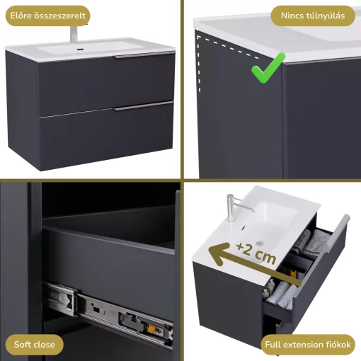 HD Cremona Matt Antracit 60 fali mosdószekrény fényes króm fogantyúkkal és fényes fehér slim mosdóval