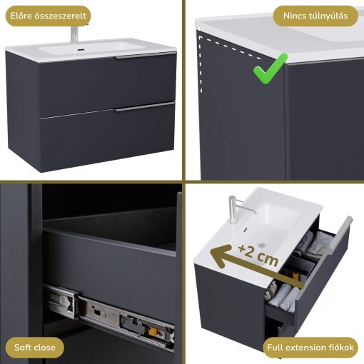 HD Cremona Matt Antracit 60 komplett fürdőszoba bútor fali mosdószekrénnyel, fényes króm fogantyúkkal, fényes fehér slim mosdóval és tükörrel
