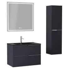 HD Cremona Matt Antracit 60 komplett fürdőszoba bútor szett fali mosdószekrénnyel, fényes króm fogantyúkkal, matt fekete slim mosdóval, tükörrel és magasszekrénnyel