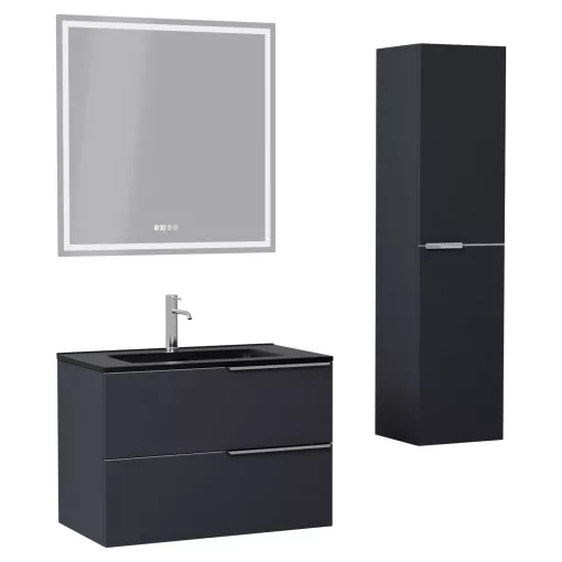 HD Cremona Matt Antracit 60 komplett fürdőszoba bútor szett fali mosdószekrénnyel, fényes króm fogantyúkkal, matt fekete slim mosdóval, tükörrel és magasszekrénnyel