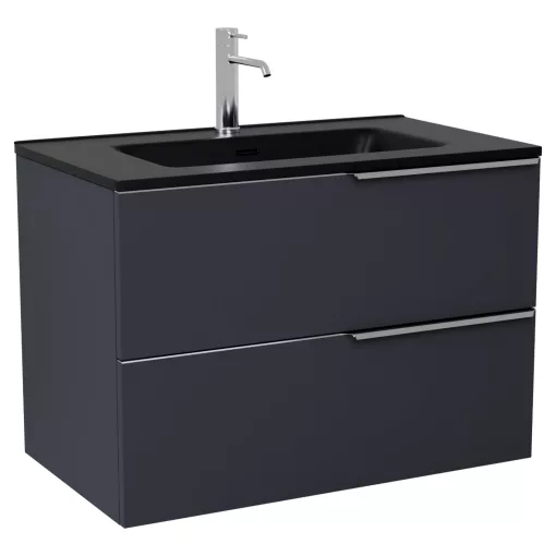 HD Cremona Matt Antracit 60 komplett fürdőszoba bútor szett fali mosdószekrénnyel, fényes króm fogantyúkkal, matt fekete slim mosdóval, tükörrel és magasszekrénnyel