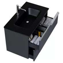 HD Cremona Matt Antracit 60 komplett fürdőszoba bútor szett fali mosdószekrénnyel, fényes króm fogantyúkkal, matt fekete slim mosdóval, tükörrel és magasszekrénnyel