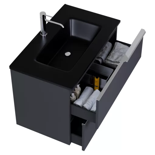 HD Cremona Matt Antracit 60 komplett fürdőszoba bútor szett fali mosdószekrénnyel, fényes króm fogantyúkkal, matt fekete slim mosdóval, tükörrel és magasszekrénnyel