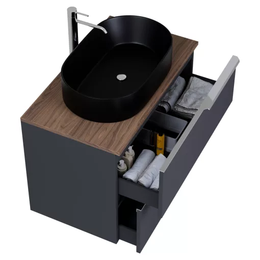 HD Carona Matt Antracit 60 fali mosdószekrény tölgyfa színű mosdópulttal és fényes króm fogantyúkkal