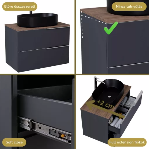 HD Carona Matt Antracit 60 fali mosdószekrény tölgyfa színű mosdópulttal és fényes króm fogantyúkkal