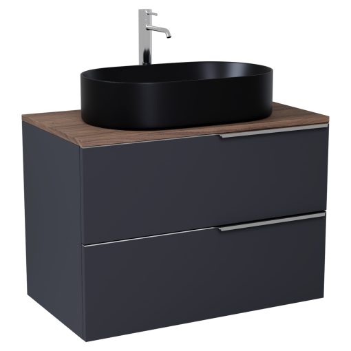 HD Carona Matt Antracit 60 komplett fürdőszoba bútor fali mosdószekrénnyel, fényes króm fogantyúkkal, tölgyfa színű mosdópulttal és tükörrel