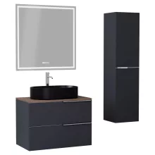 HD Carona Matt Antracit 60 komplett fürdőszoba bútor szett fali mosdószekrénnyel, fényes króm fogantyúkkal, tölgyfa színű mosdópulttal, tükörrel és magasszekrénnyel